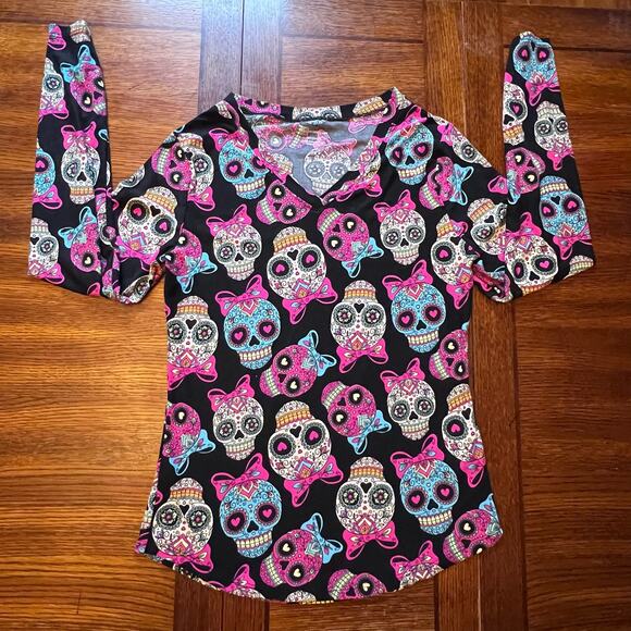 Women’s Junior Y2k Halloween Mexican Sugar Skull Colorful Super Soft Top Large - Picture 5 of 11